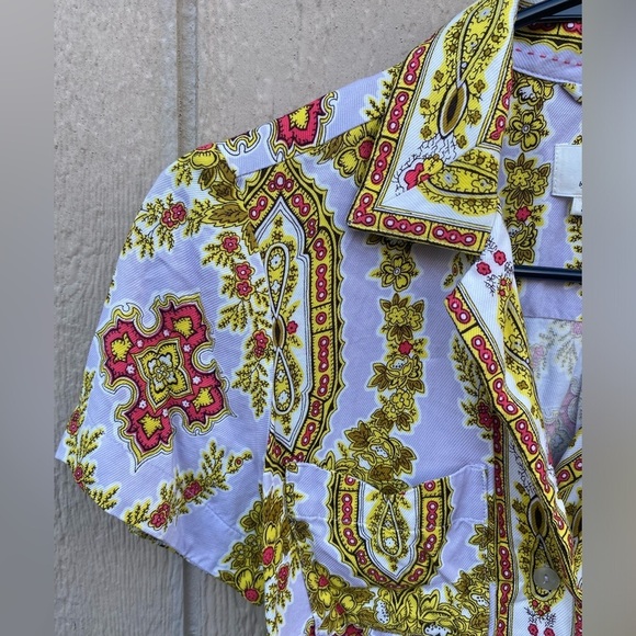 Anthropologie Echarpe Cropped Blouse French Brocade Pattern Blue Red Yellow Sz 0 - Picture 3 of 6